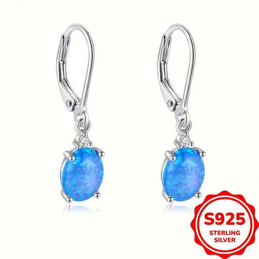 Sterling Silver Oval Blue Opal Drop Earrings