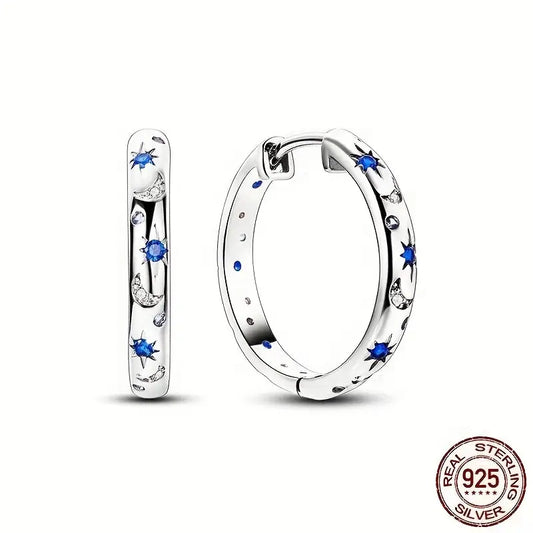 Sterling Silver Moon & Stars Cubic Zirconia Hoop Earrings