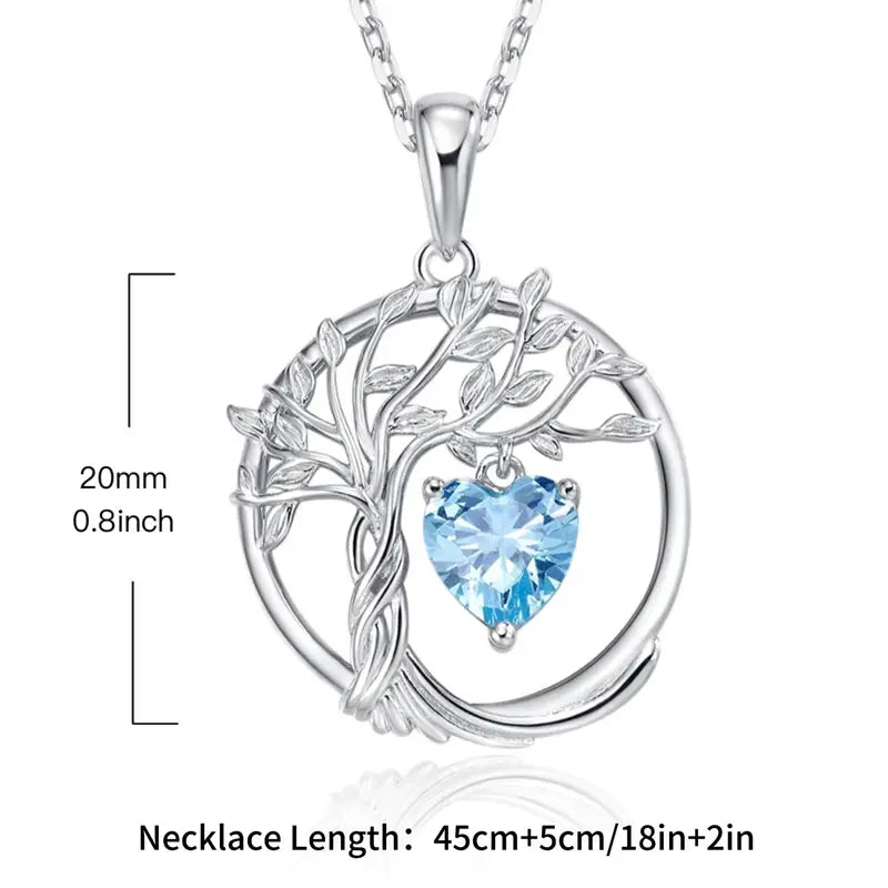 Sterling Silver Tree of Life Blue Cubic Zirconia Heart Pendant & Chain