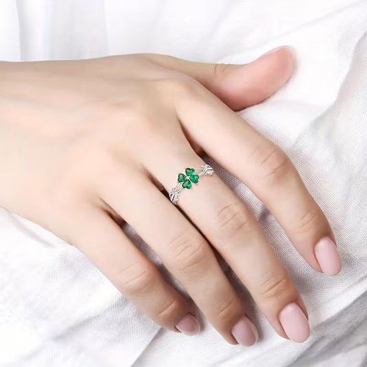 Sterling Silver 4 Leaf Clover Green CZ Ring (Adjustable)