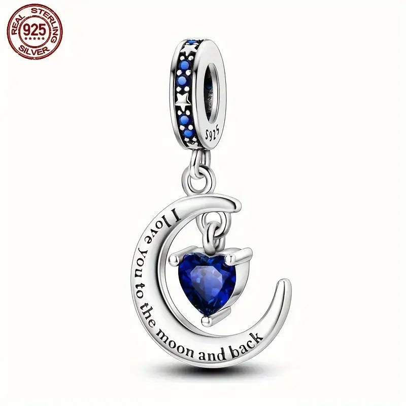 Sterling Silver Crescent Moon & Blue Cubic Zirconia Heart Bead Charm