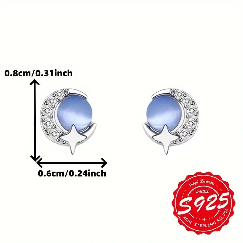 Sterling Silver Moon & Star Blue Cubic Zirconia Stud Earrings