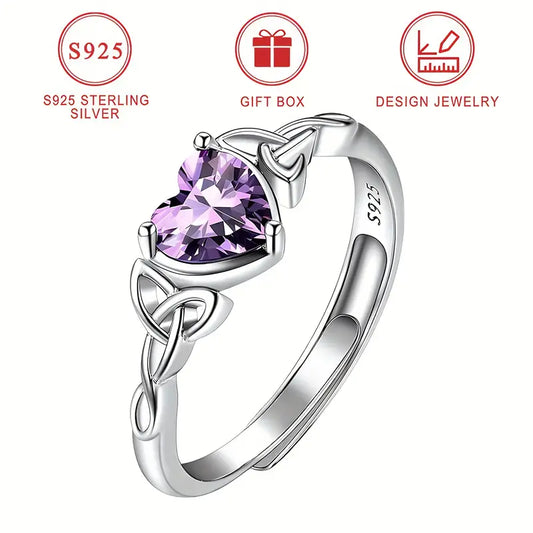 Sterling Silver Celtic Knot Purple Cubic Zirconia Heart Ring (Adjustable)