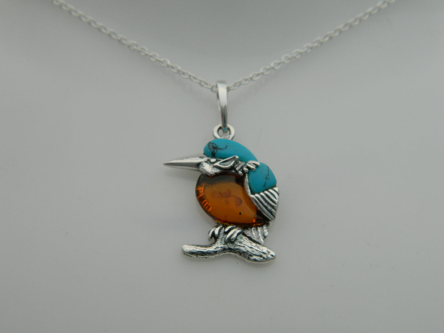 Sterling Silver Amber & Turquoise Kingfisher Pendant and Chain