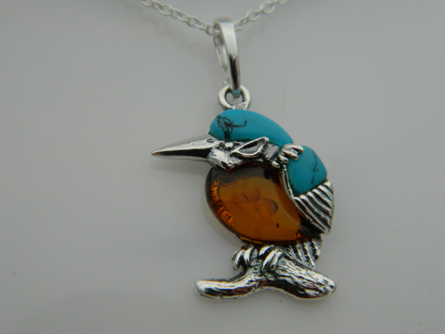 Sterling Silver Amber & Turquoise Kingfisher Pendant and Chain