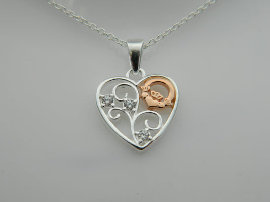 Sterling Silver Claddagh Filigree Heart C/Z Pendant & Chain