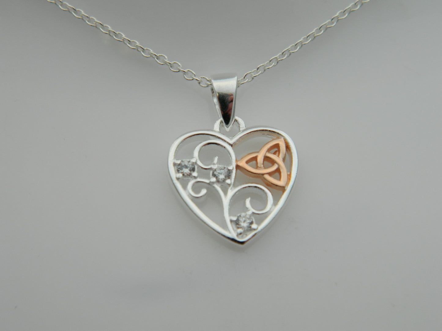 Sterling Silver Celtic Trinity Filigree Heart C/Z Pendant & Chain