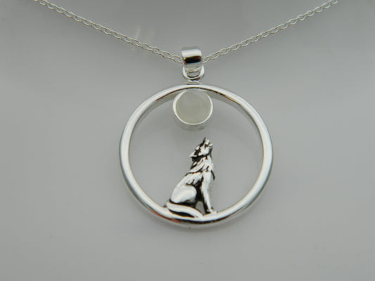 Sterling Silver Moonstone Howling Wolf Pendant & Chain