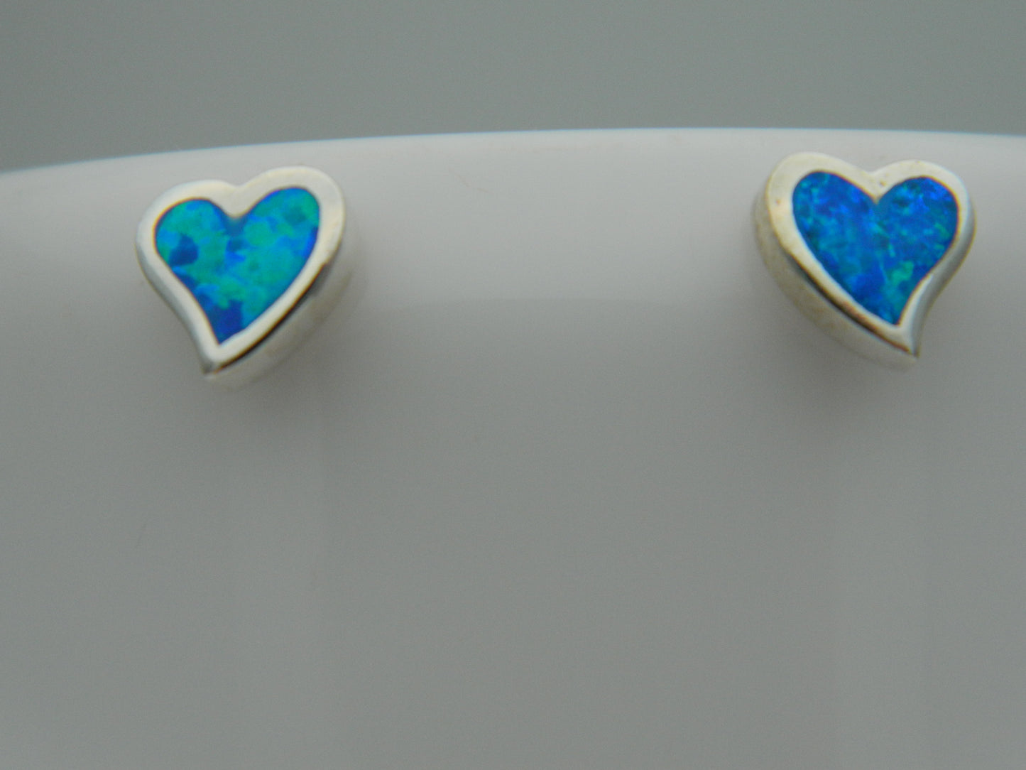 Sterling Silver Blue Opal Offset Heart Stud Earrings