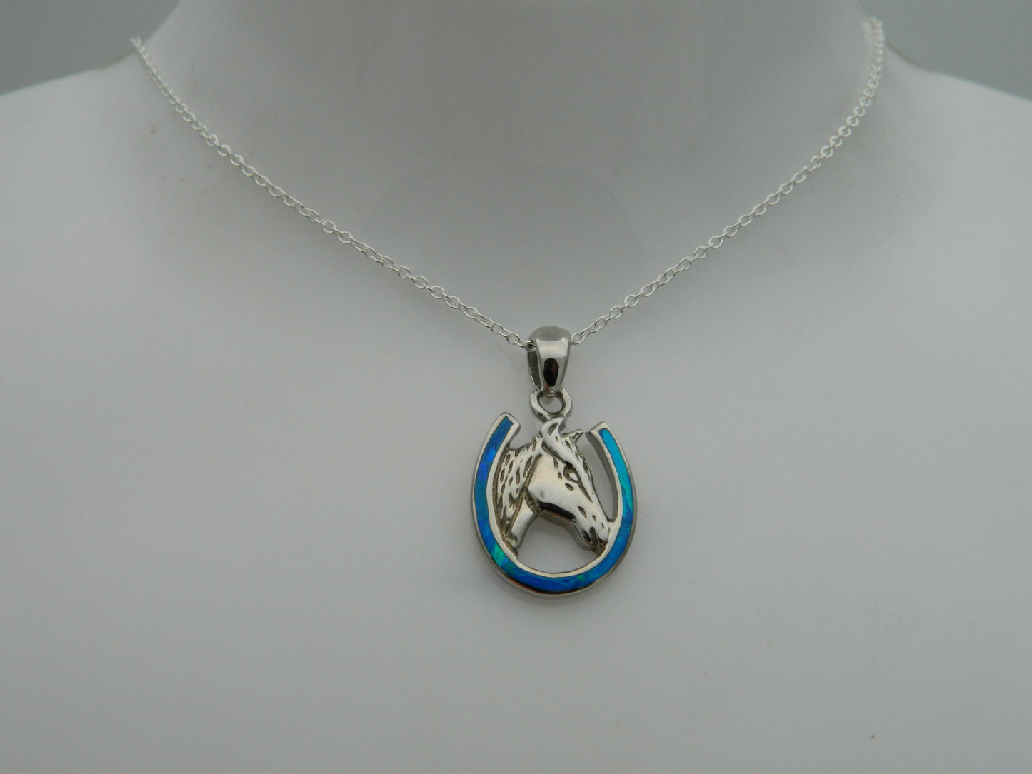 Sterling Silver Blue Opal Horse Pendant & Chain