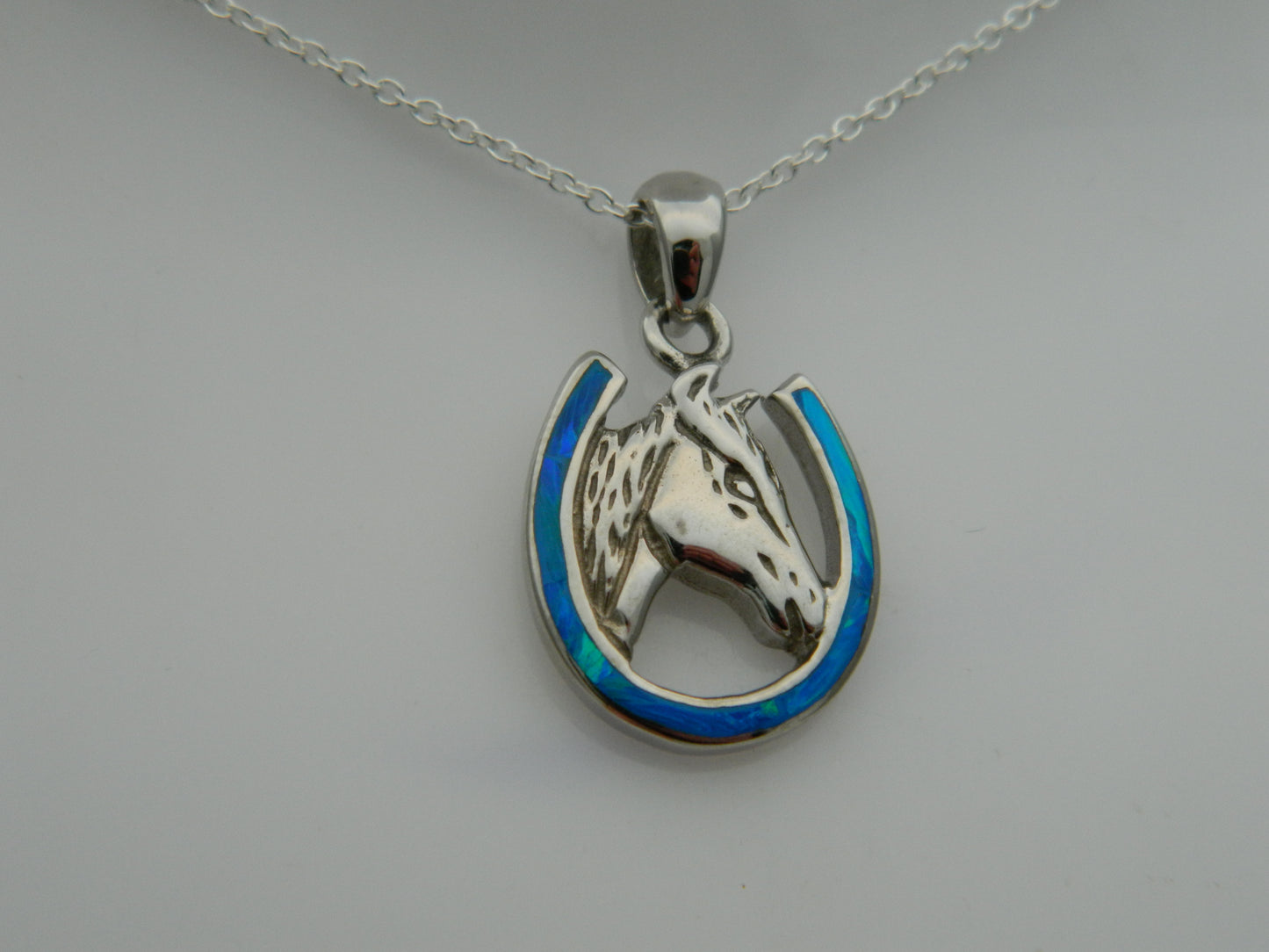 Sterling Silver Blue Opal Horse Pendant & Chain