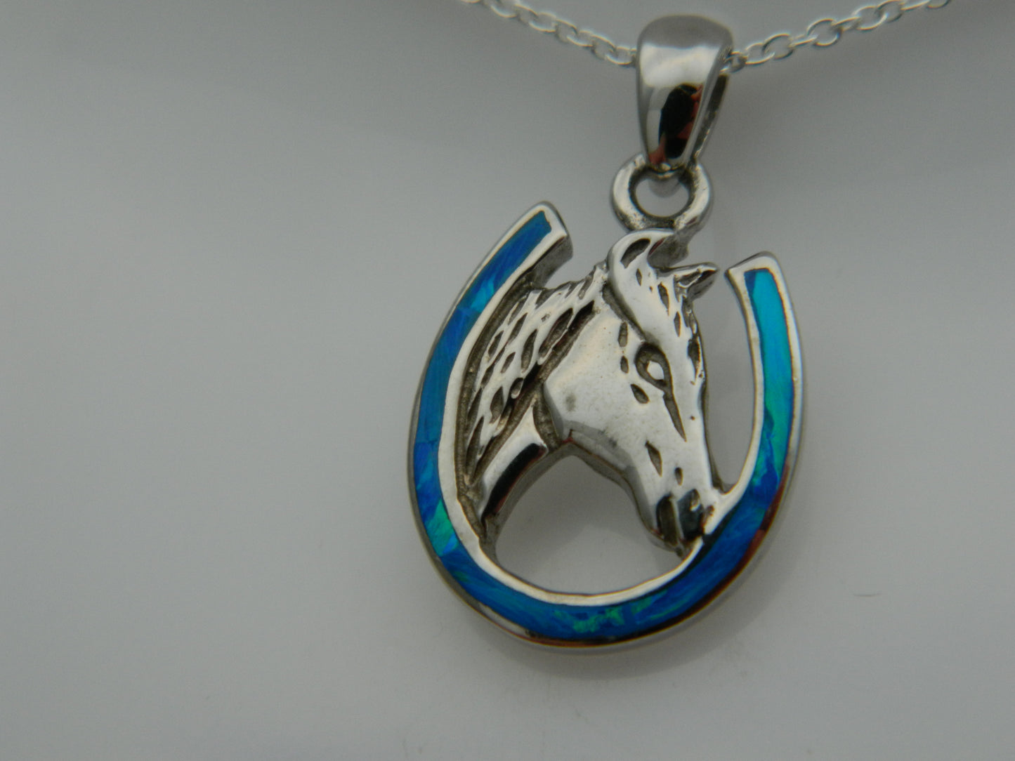 Sterling Silver Blue Opal Horse Pendant & Chain