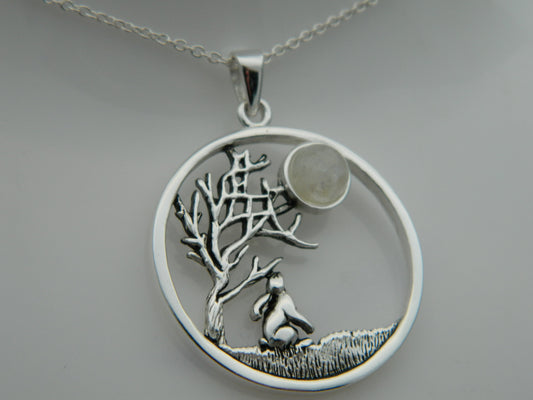 Sterling Silver Moonstone Gazing Hare Tree of Life Pendant & Chain