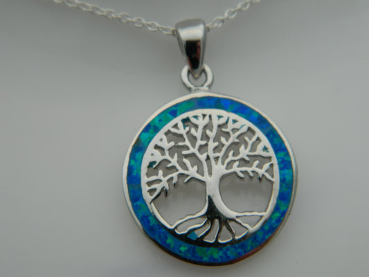 Sterling Silver Blue Opal Tree of Life Pendant & Chain