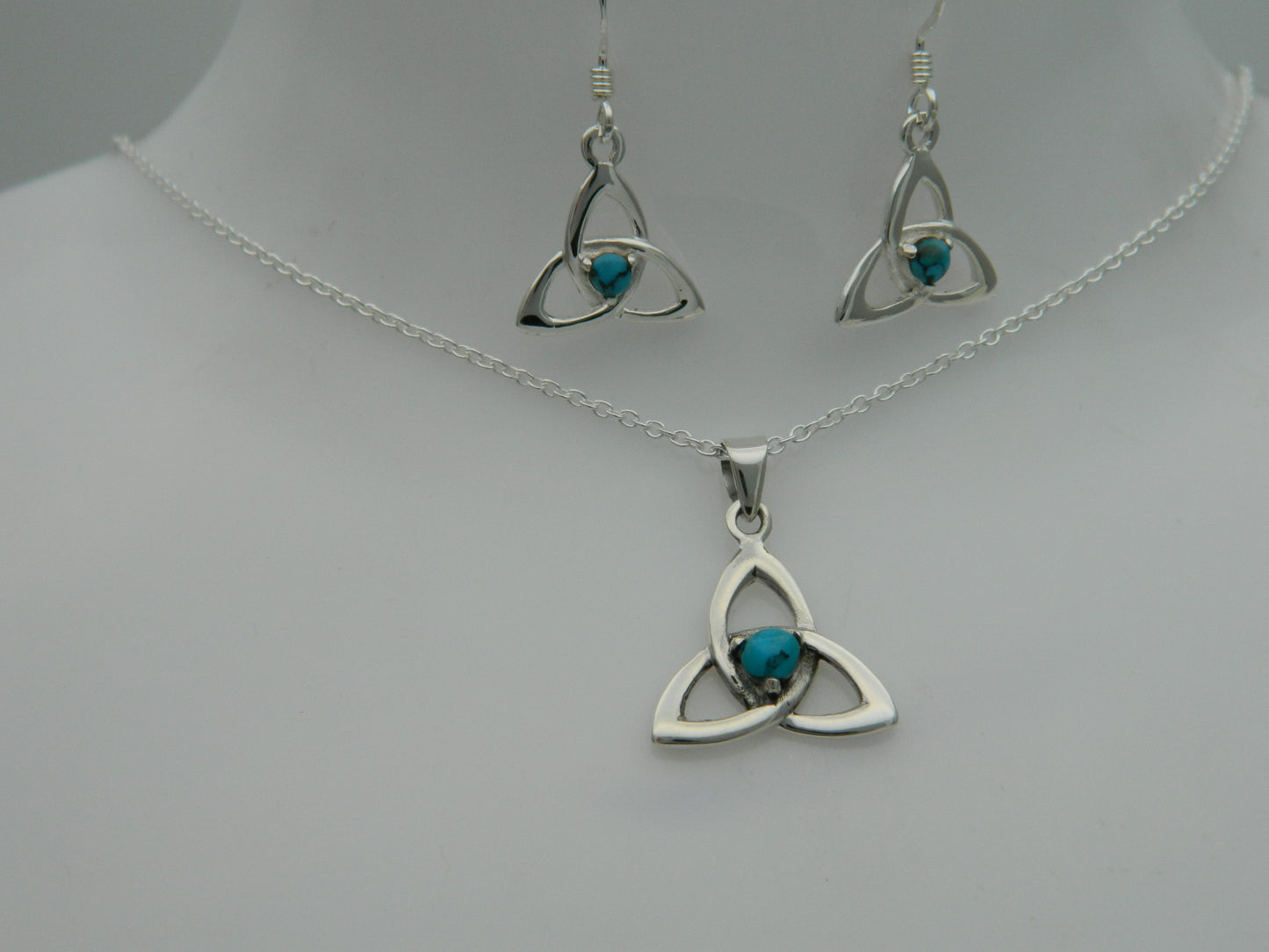 Sterling Silver Turquoise Goddess Triquetra Pendant, Chain & Earrings Set