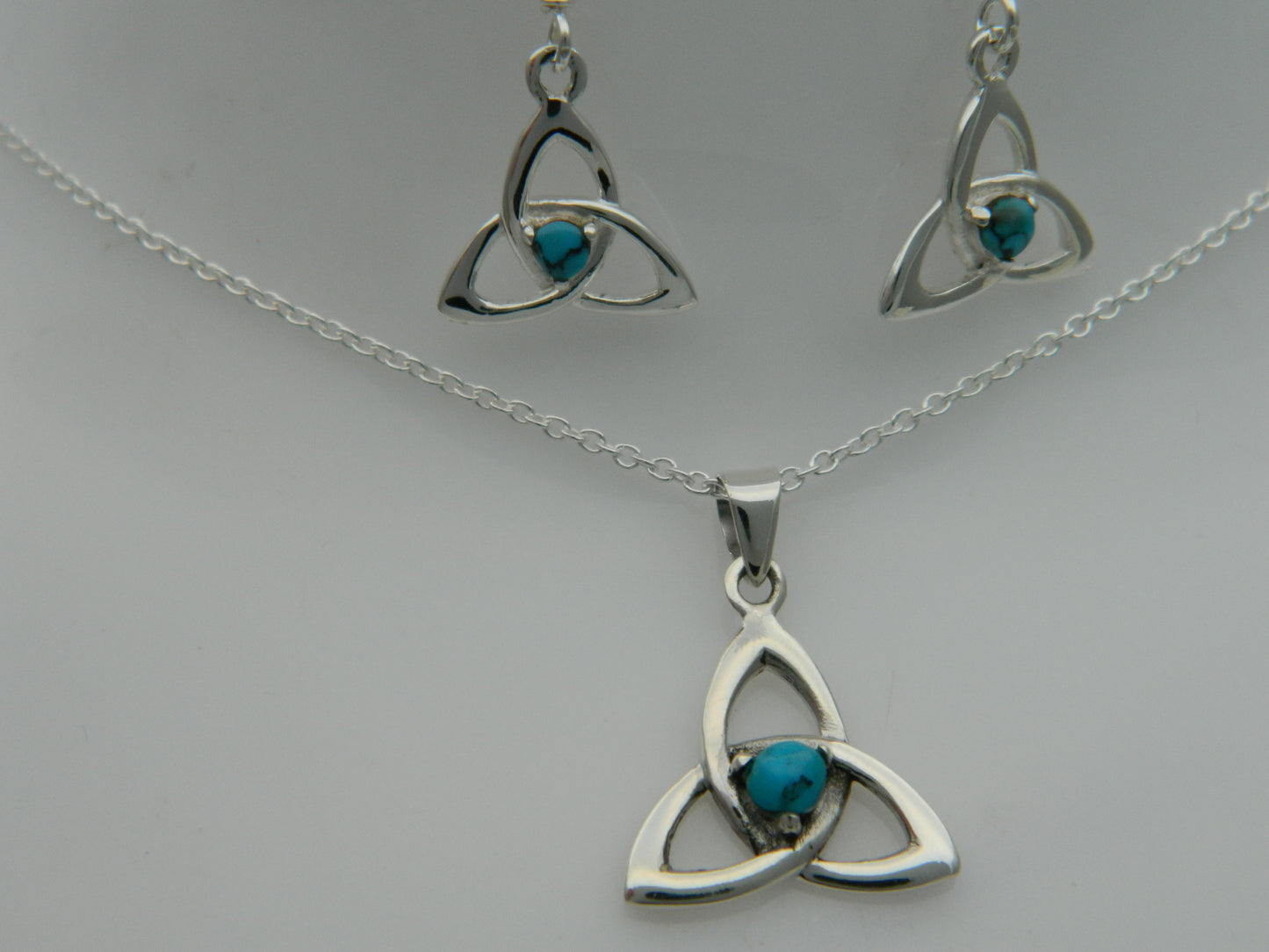 Sterling Silver Turquoise Goddess Triquetra Pendant, Chain & Earrings Set