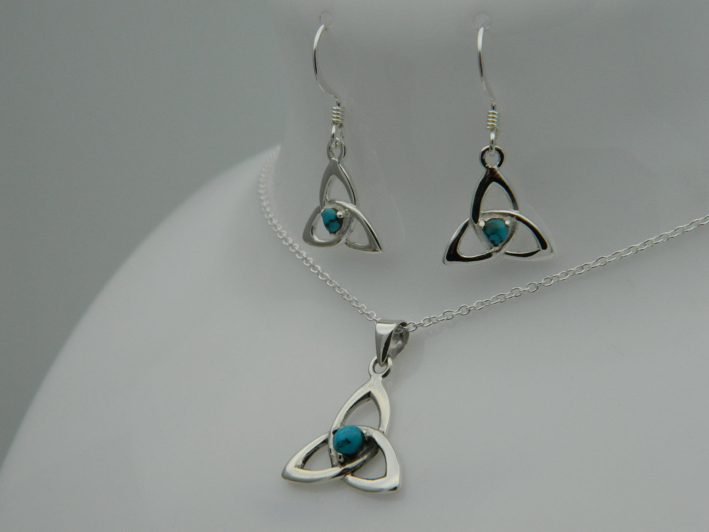 Sterling Silver Turquoise Goddess Triquetra Pendant, Chain & Earrings Set