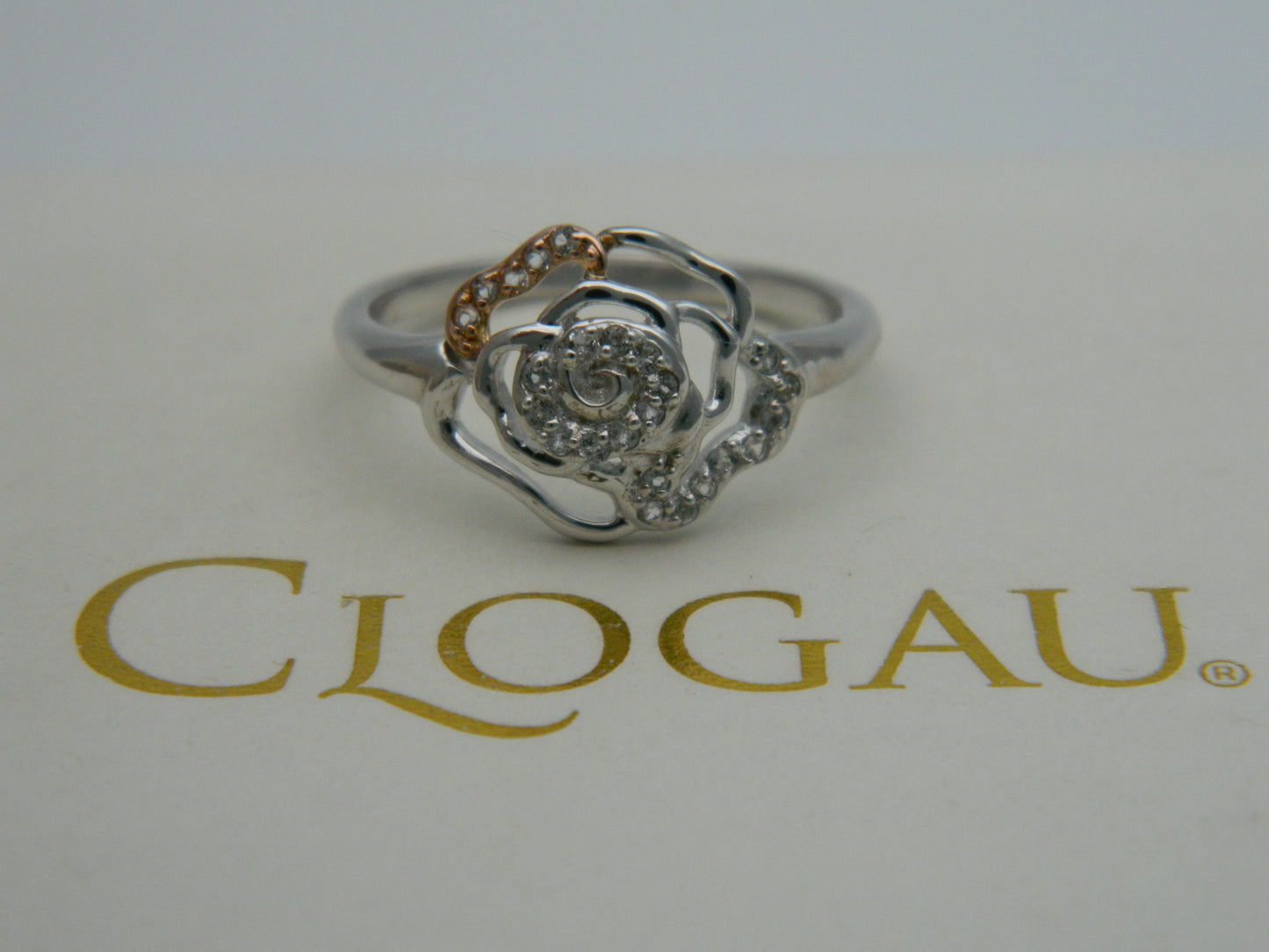 Clogau Sterling Silver & 9ct Rose Gold Royal Roses White Topaz Ring size M, N or O