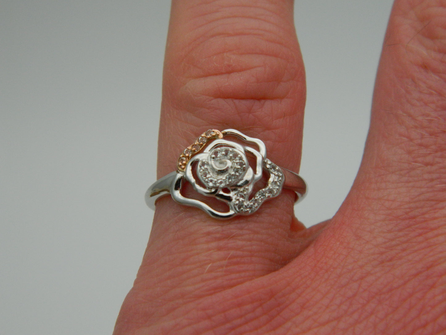 Clogau Sterling Silver & 9ct Rose Gold Royal Roses White Topaz Ring size M, N or O