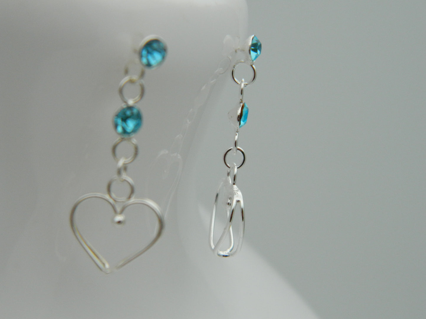 Sterling Silver Aqua CZ Heart Drop Earrings