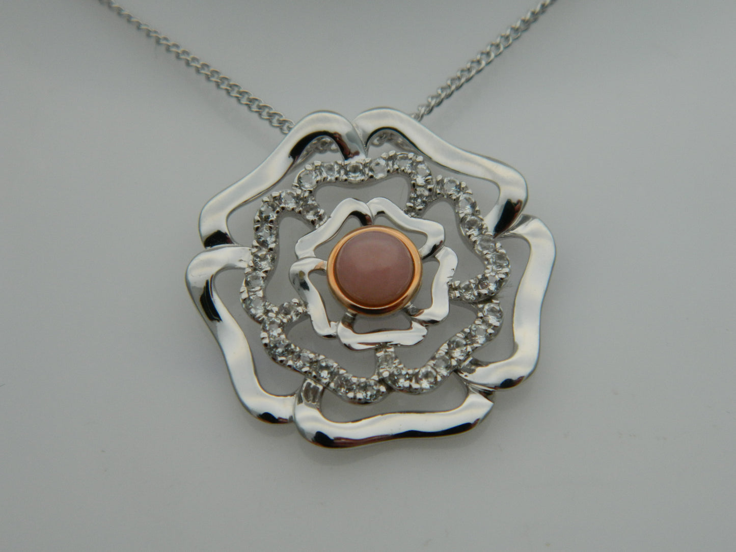 Clogau Sterling Silver & 9ct Rose Gold Tudor Rose Pink Opal & Topaz Pendant