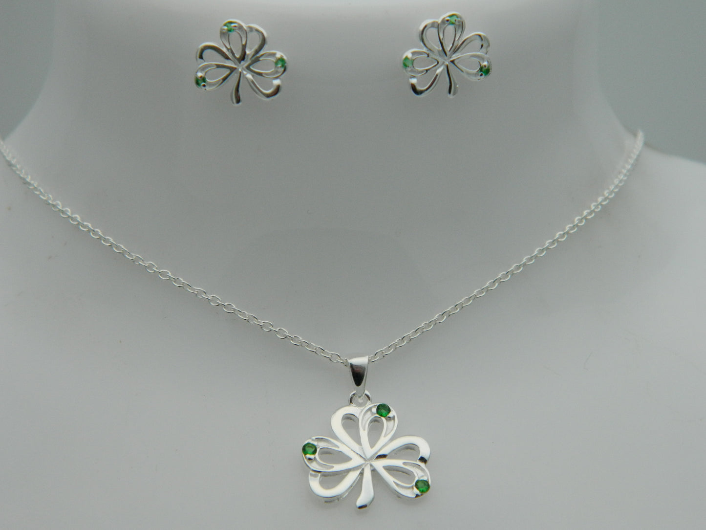 Sterling Silver Shamrock Green C/Z Pendant & Earrings Set