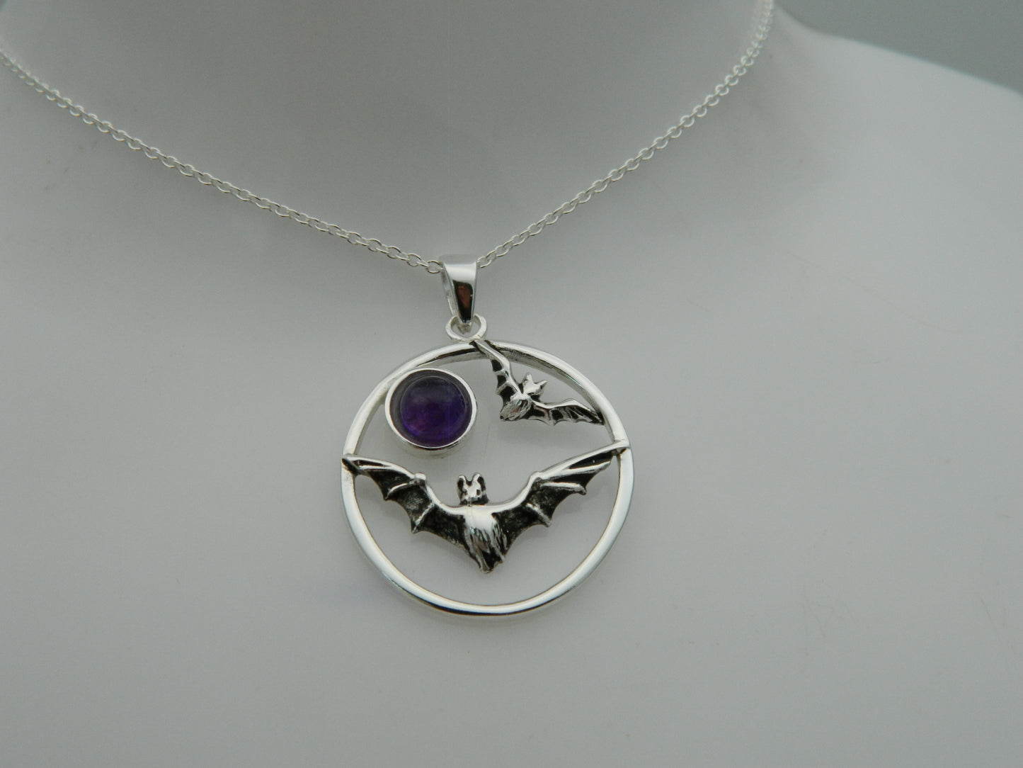 Sterling Silver Amethyst Crystal Bat Pendant & Chain