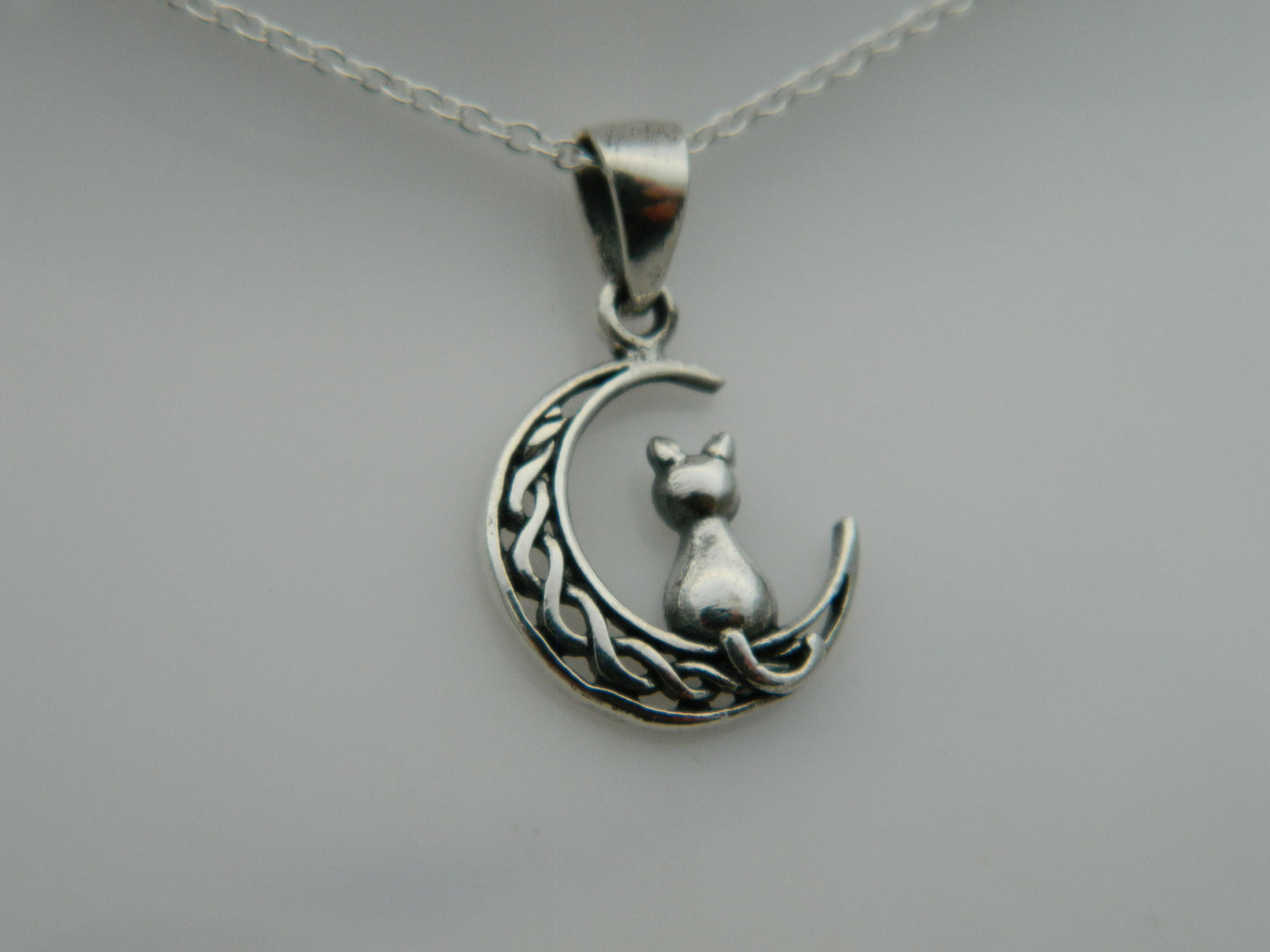 Sterling Silver Celtic Moon Cat Pendant & Chain