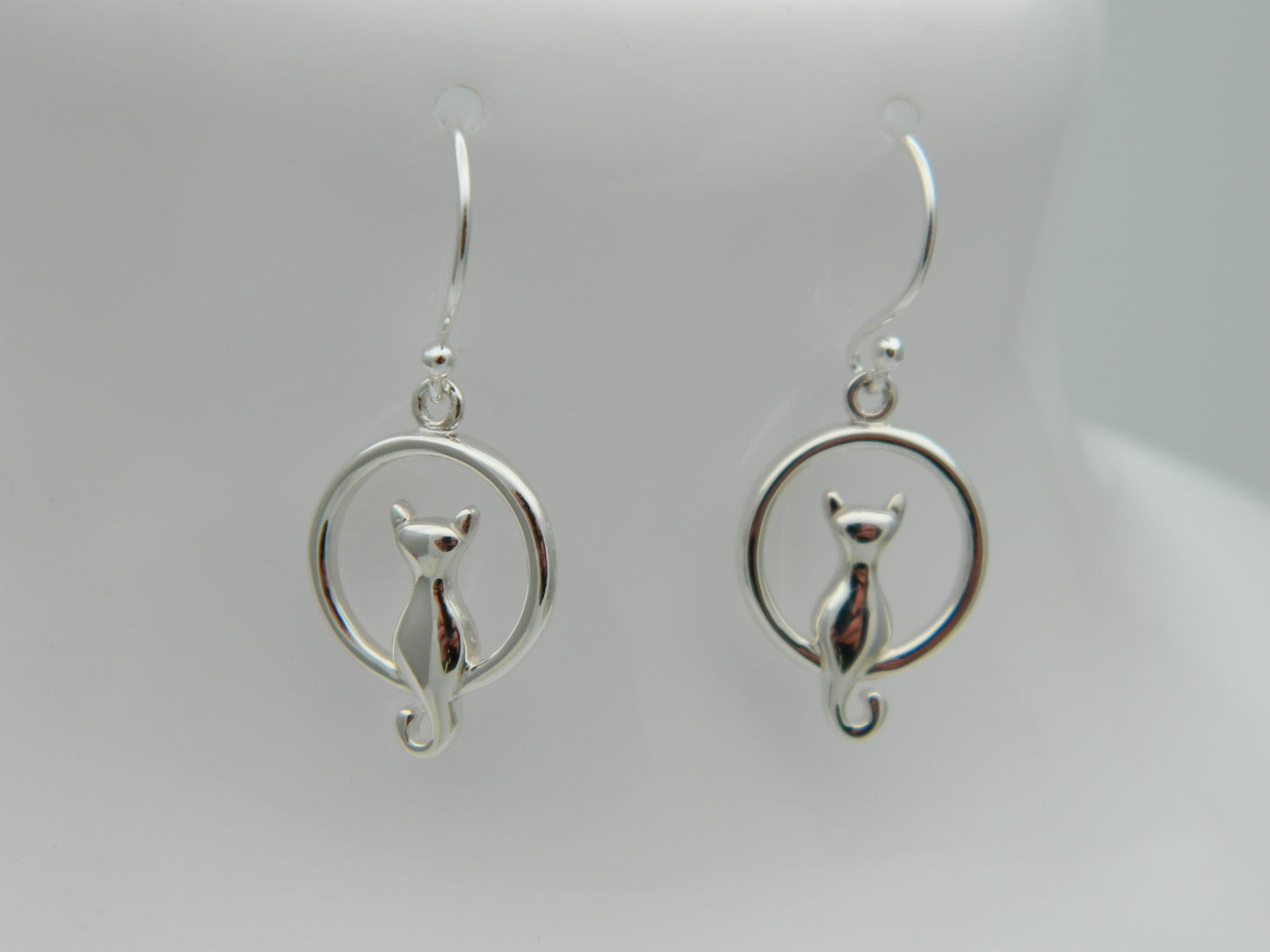 Sterling Silver Cat on Moon Drop Earrings