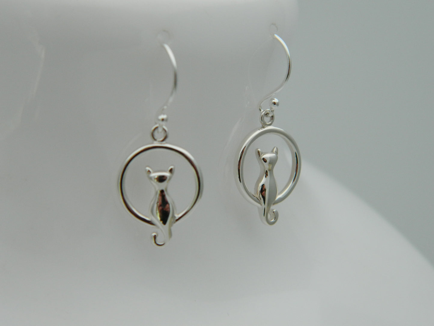 Sterling Silver Cat on Moon Drop Earrings