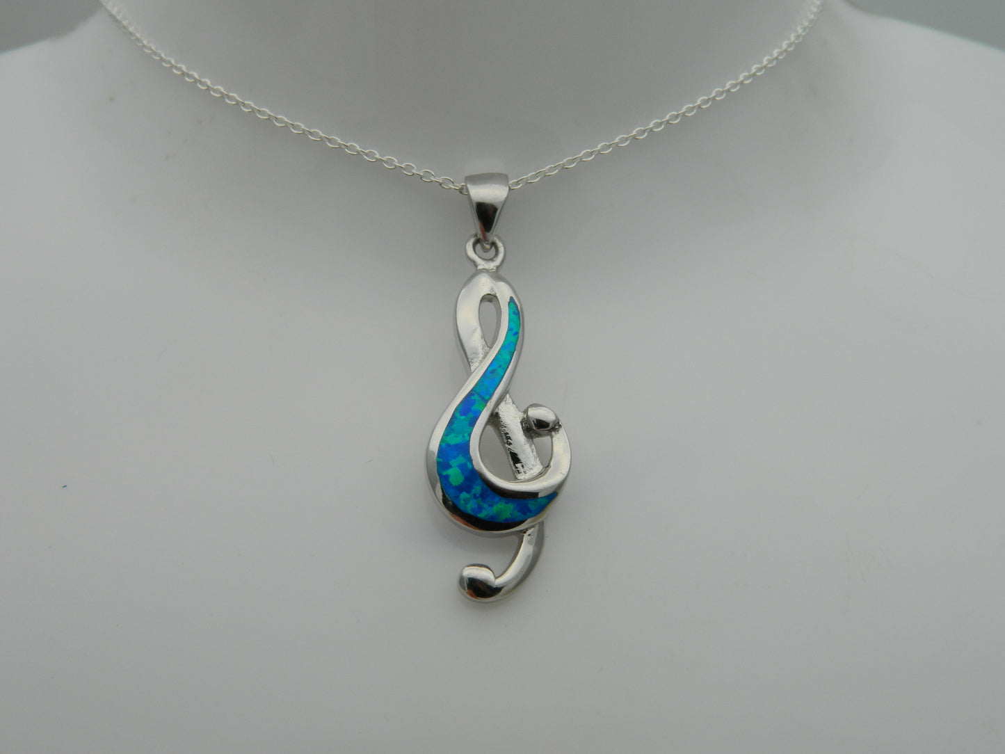 Sterling Silver Blue Opal Treble Clef Pendant & Chain