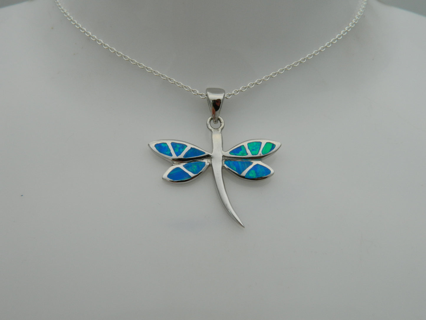 Sterling Silver Blue Opal Dragonfly Pendant & Chain