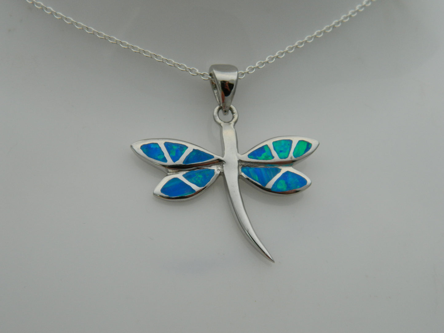 Sterling Silver Blue Opal Dragonfly Pendant & Chain