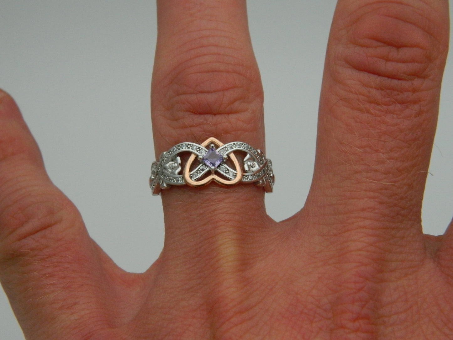 Sterling Silver Infinity Purple Cubic Zirconia Heart Ring size L 1/2, O, P 1/2, R