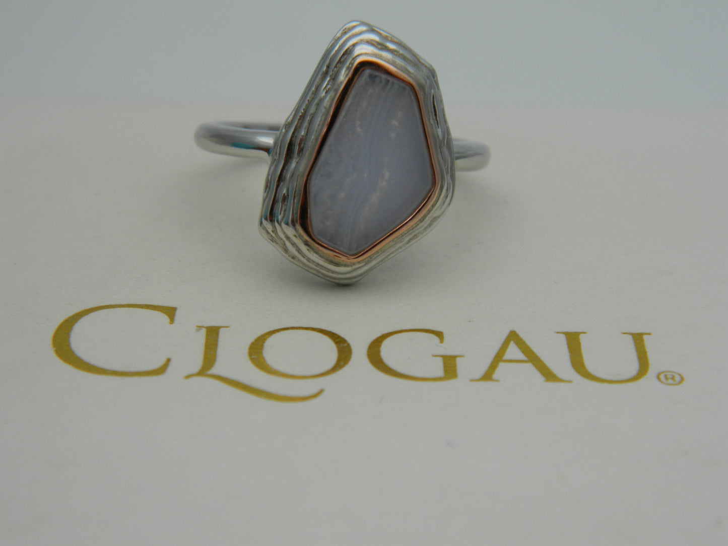 Clogau Sterling Silver & 9ct Rose Gold Blue Lace Agate Capstone Ring RRP £179.00 size O