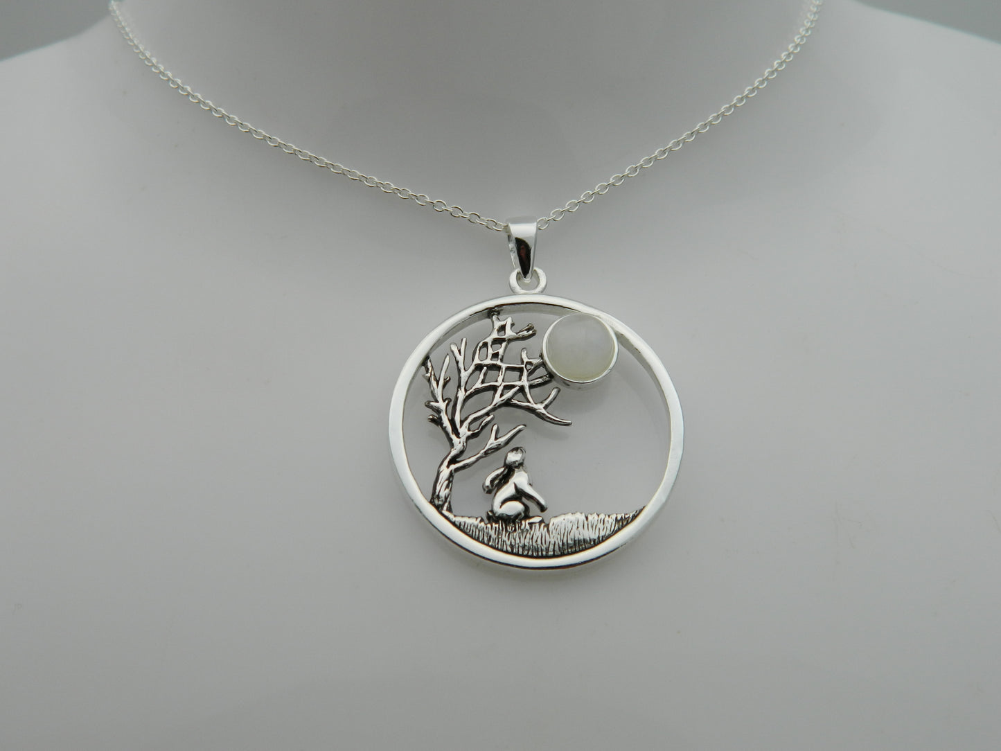 Sterling Silver Gazing Hare Full Moon Moonstone Cabochon Pendant & Chain