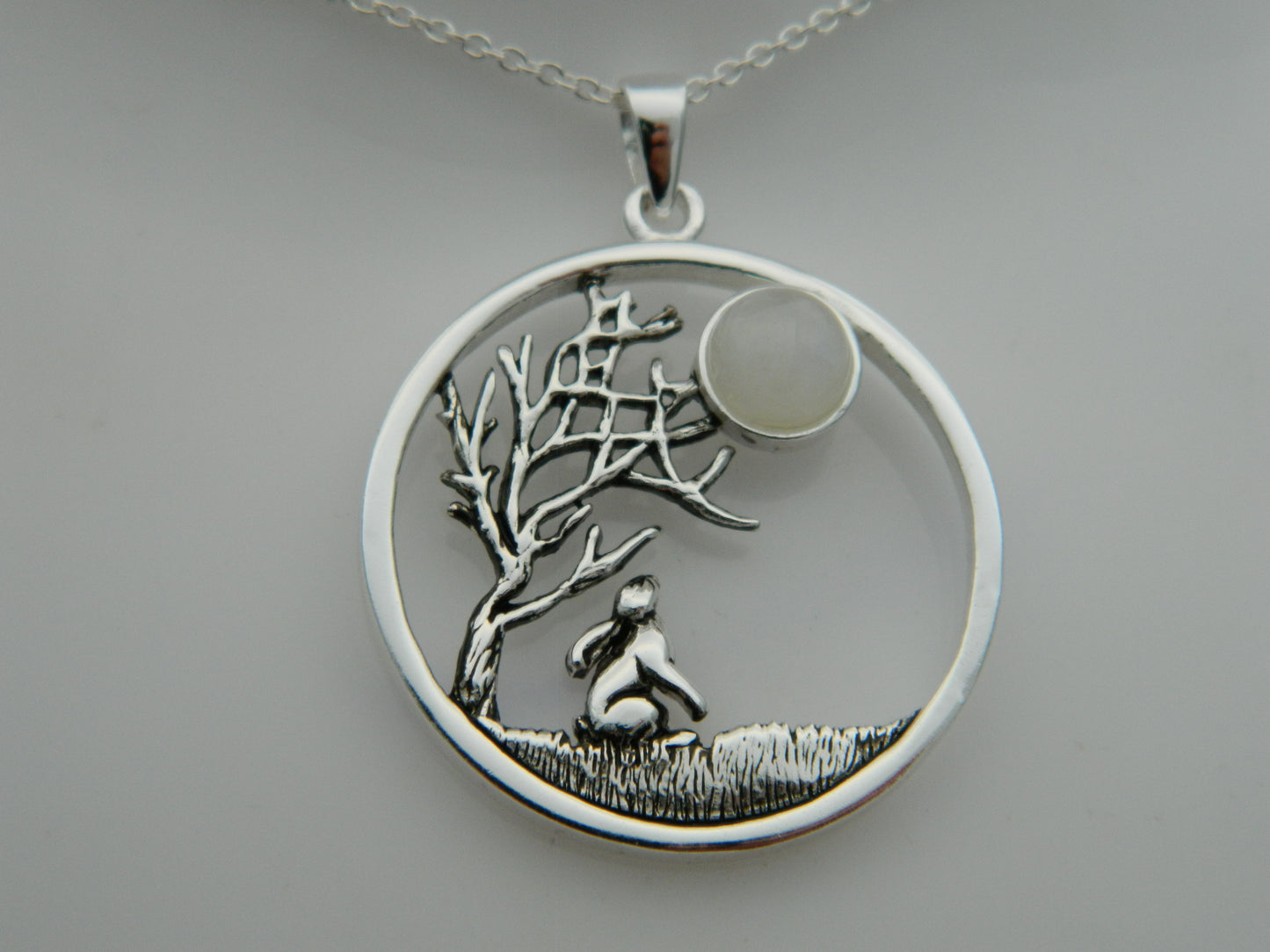 Sterling Silver Gazing Hare Full Moon Moonstone Cabochon Pendant & Chain