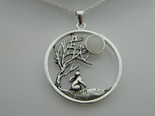 Sterling Silver Gazing Hare Full Moon Moonstone Cabochon Pendant & Chain