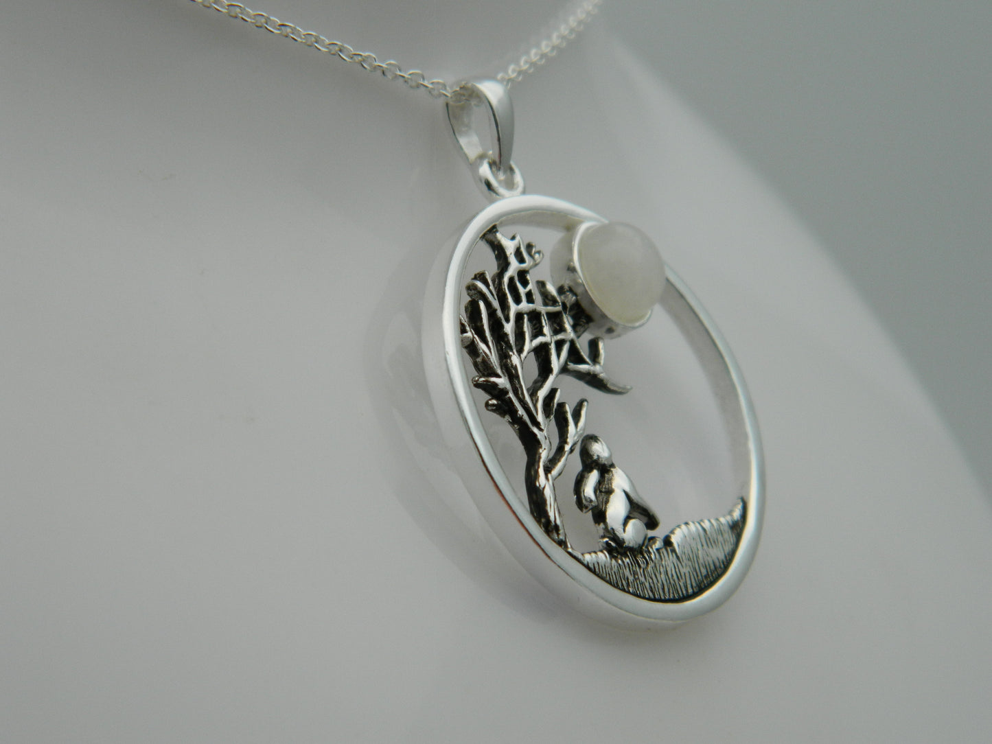 Sterling Silver Gazing Hare Full Moon Moonstone Cabochon Pendant & Chain