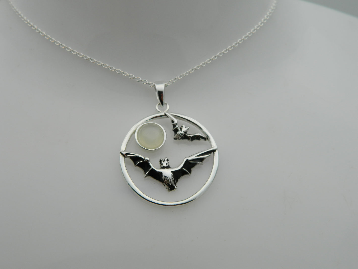 Sterling Silver Bat Moonstone Cabochon Pendant & Chain