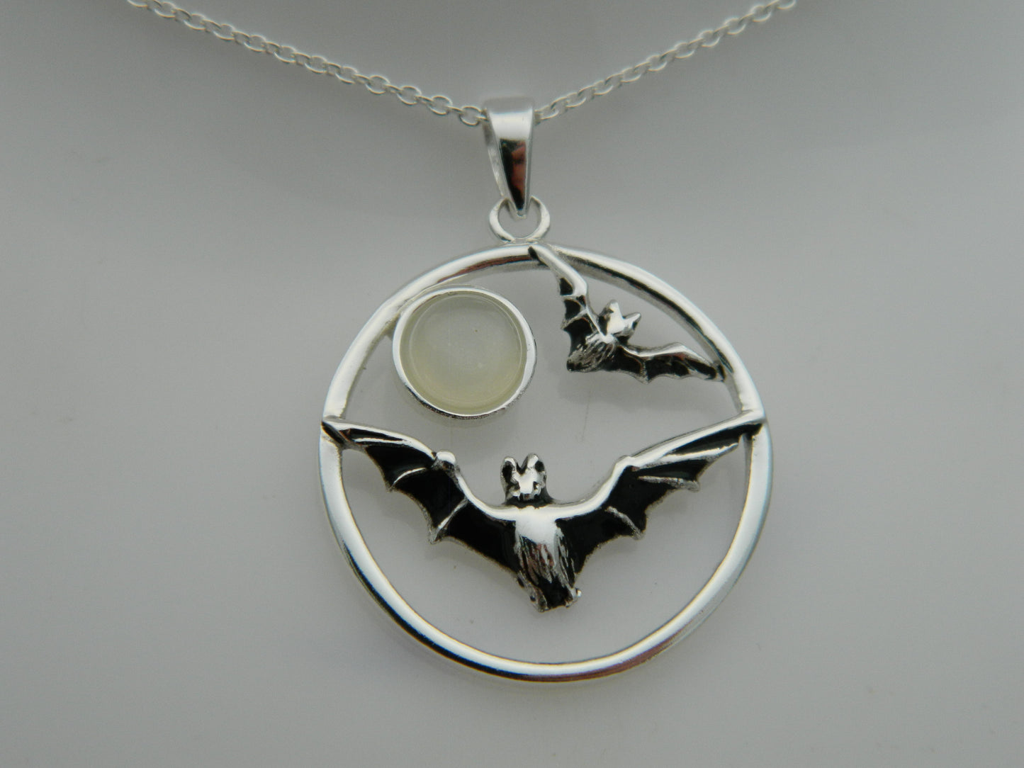 Sterling Silver Bat Moonstone Cabochon Pendant & Chain