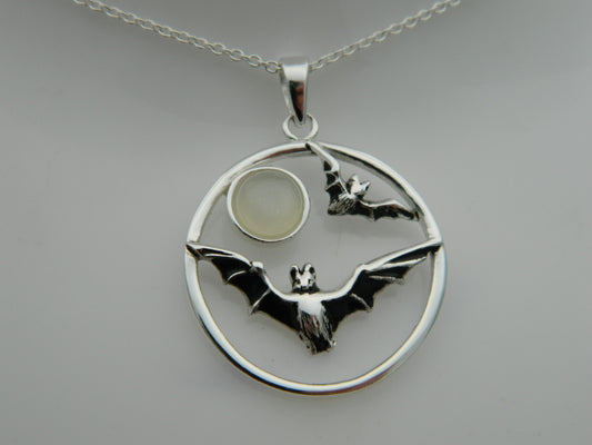 Sterling Silver Bat Moonstone Cabochon Pendant & Chain
