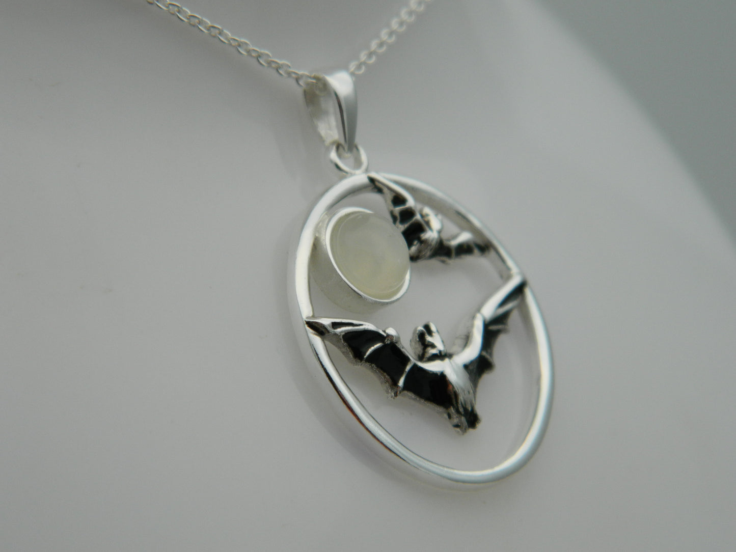 Sterling Silver Bat Moonstone Cabochon Pendant & Chain