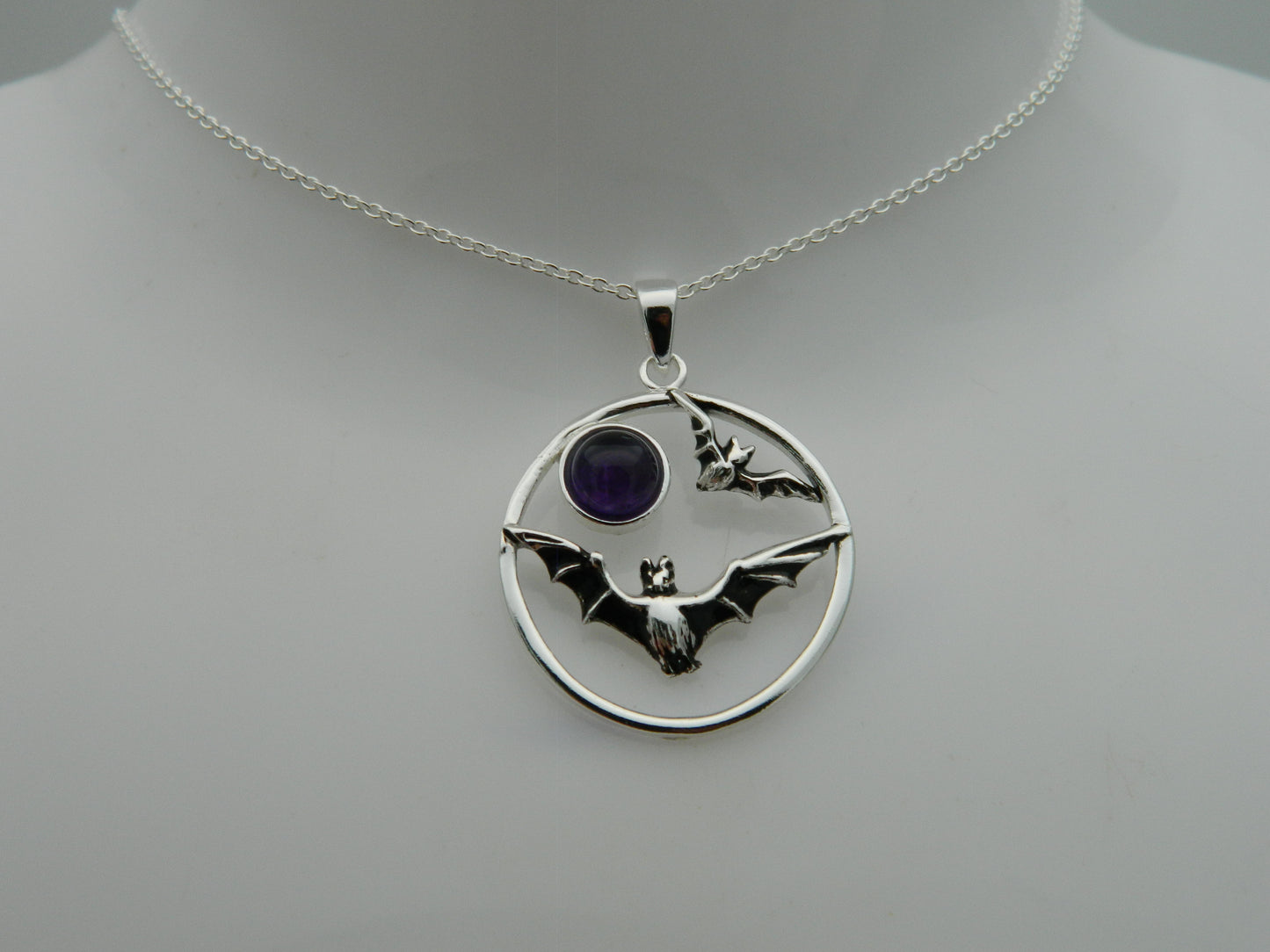 Sterling Silver Bat Purple Amethyst Cabochon Pendant & Chain
