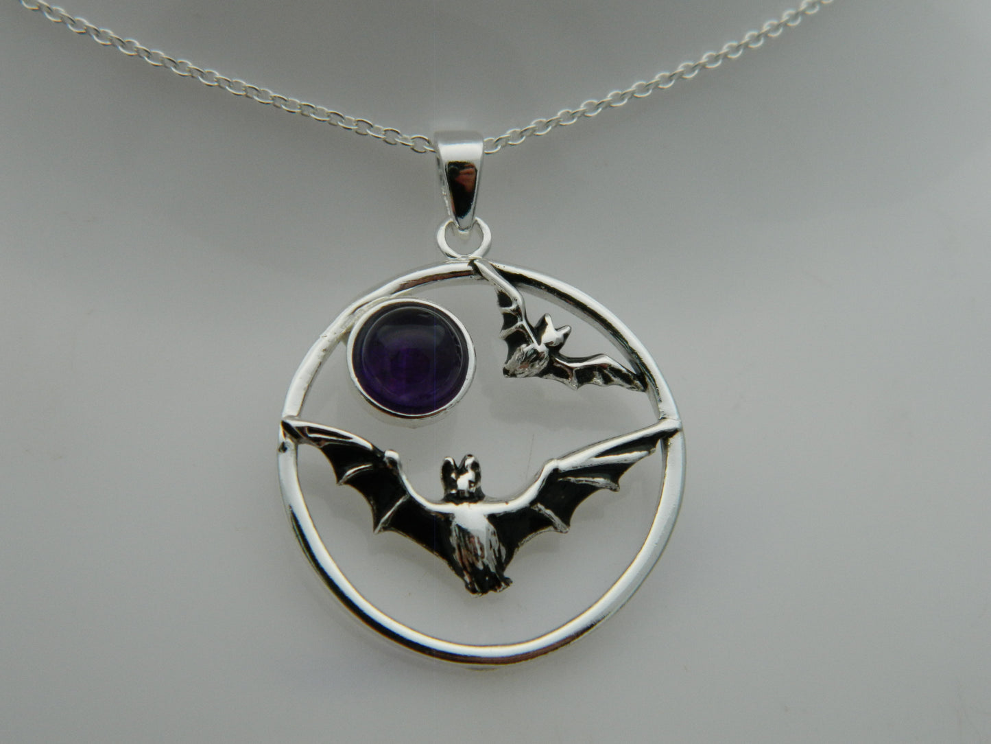 Sterling Silver Bat Purple Amethyst Cabochon Pendant & Chain