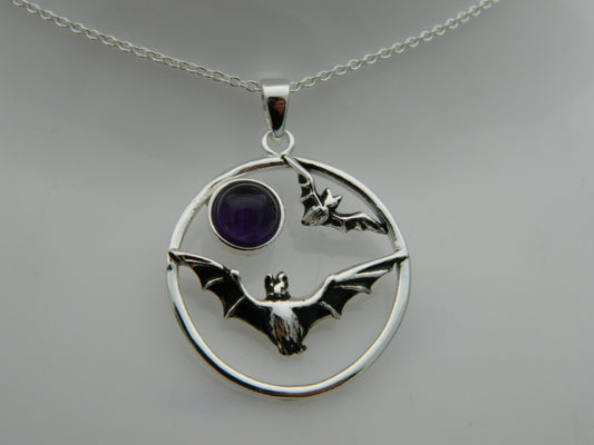 Sterling Silver Bat Purple Amethyst Cabochon Pendant & Chain