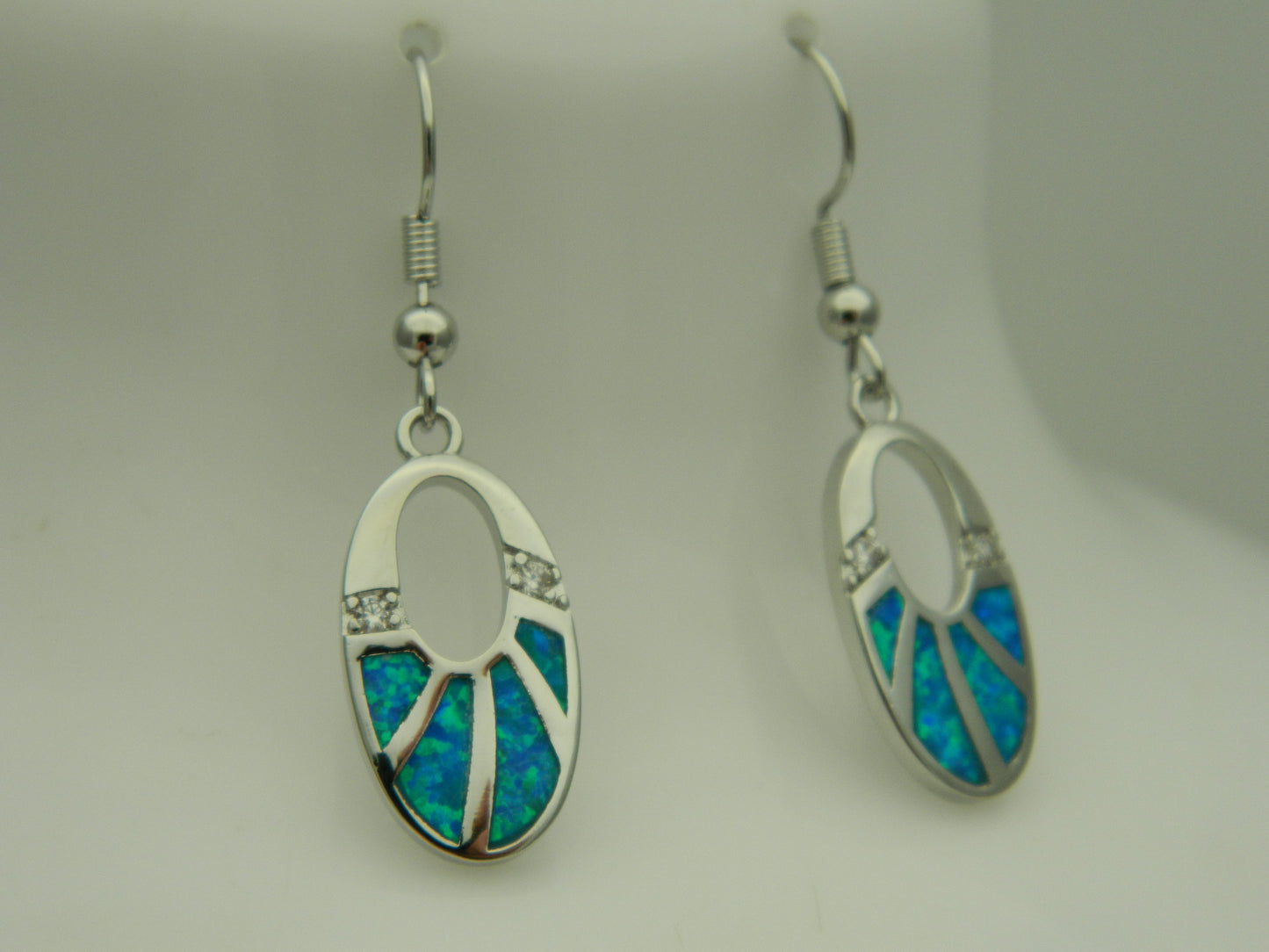 Sterling Silver Blue Opal Oval Drop Hook Earrings