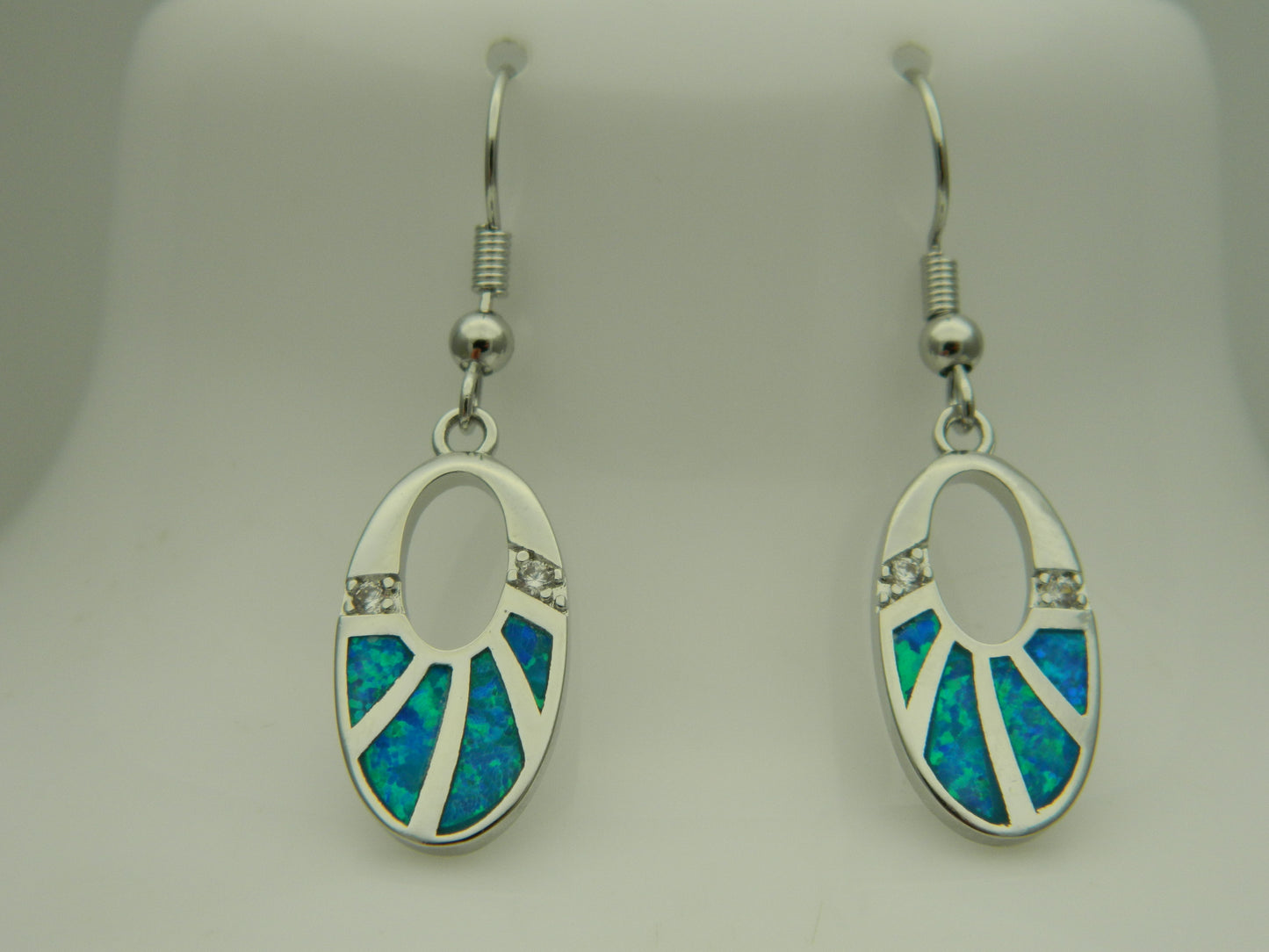 Sterling Silver Blue Opal Oval Drop Hook Earrings