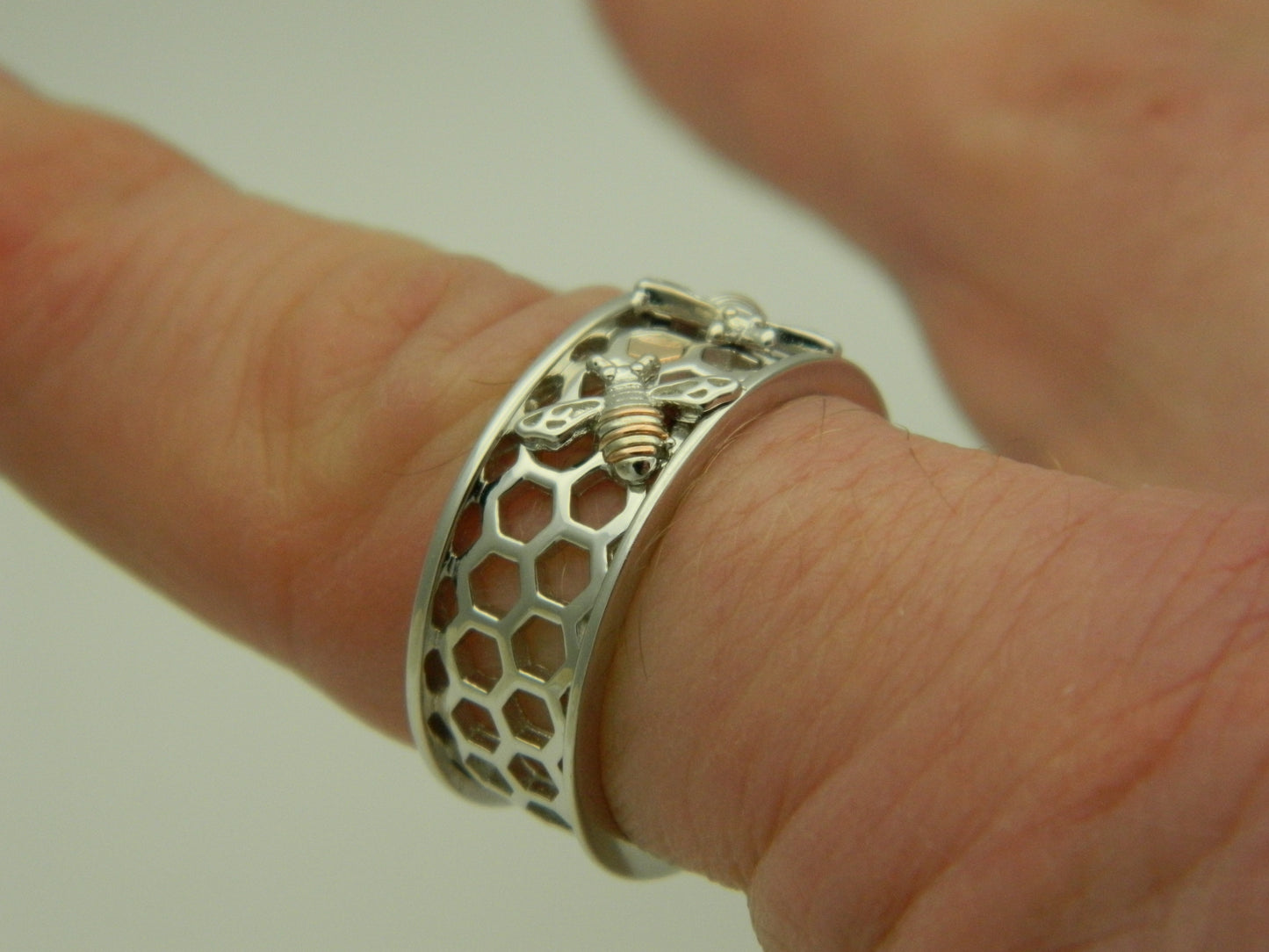 Clogau Sterling Silver & 9ct Rose Gold Honey Bee Honeycomb Ring size N, O or P