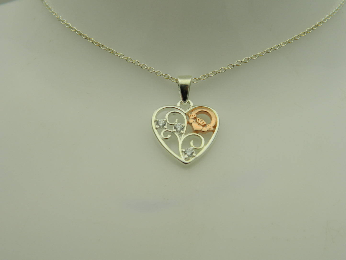 Sterling Silver Claddagh Filigree Heart CZ Pendant & Chain